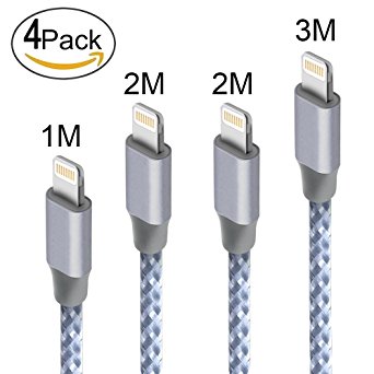 Lightning Cable,Hootech® 4Pack 1M 2M 2M 3M Extra Long Nylon Braided Apple iPhone Charger Cable Charging Lead Cord USB Wire for Apple  iPhone X / 8 / 8 Plus / 7 / 7 Plus / 6S / 6S Plus / 5 / 5S / 5C / SE, iPad Pro / Air / Mini, iPod Touch 5/6 (Gray)