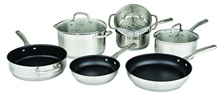 Allrecipes 10 Piece Two-Tone Stainless Steel Cookware Set With 3-Ply Base To Evenly Distribute Heat, Silver