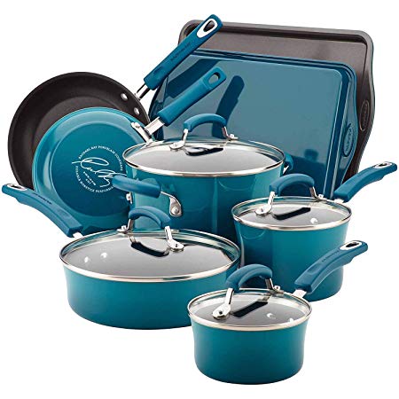 Rachael Ray Hard Enamel Nonstick 12-Piece Cookware Set, Blue