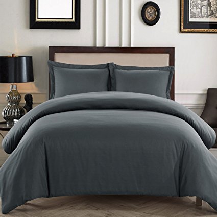 LinenTown 600-Thread-Count Egyptian Cotton Duvet Cover Set - Twin/Twin-XL, Dark Grey Solid