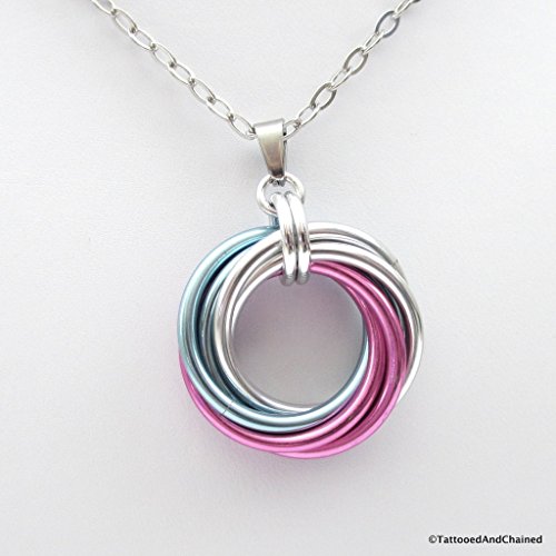 Transgender pride pendant, large chainmail love knot; pink white blue
