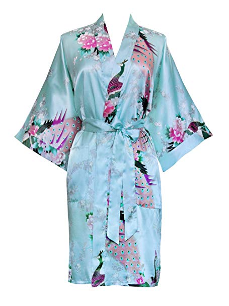 Old Shanghai Women's Kimono Short Robe - Peacock & Blossoms