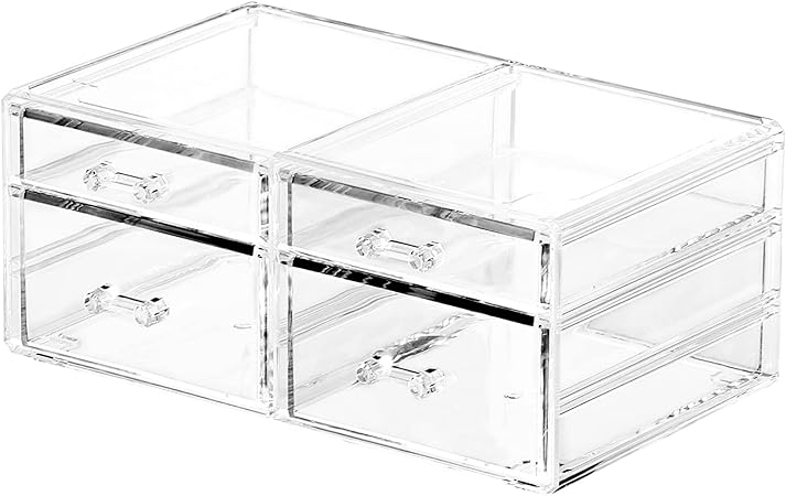 Cq acrylic Desk Organizer with 4 Drawers,Rectangular Desktop Drawers Supplies Organizer,Containers Bins With Drawers Desk Organization Pull Out Small craft Storage Case Box Cube,Pack of 1