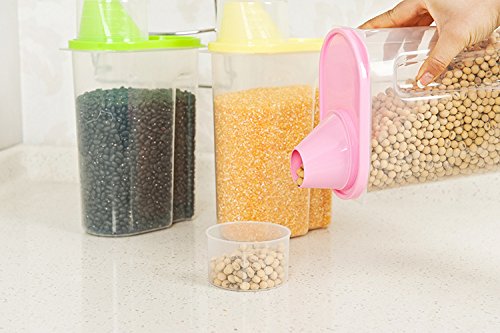 MEOLY Cereal Keeper with Measuring Cup Plastic Transparent Kitchen Food Baking Canister Grain Bean Rice Storage Container Box Case (Large, Green)