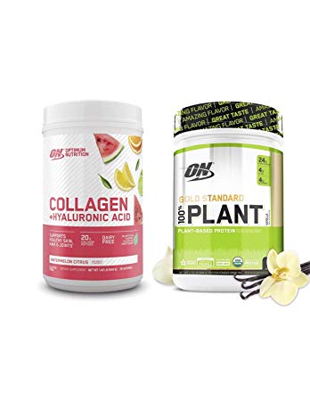 Optimum Nutrition On Collagen Plus Hyaluronic Acid,Resveratrol, Watermelon Citrus Flavor with Organic Plant Based Protein Powder, Vanilla