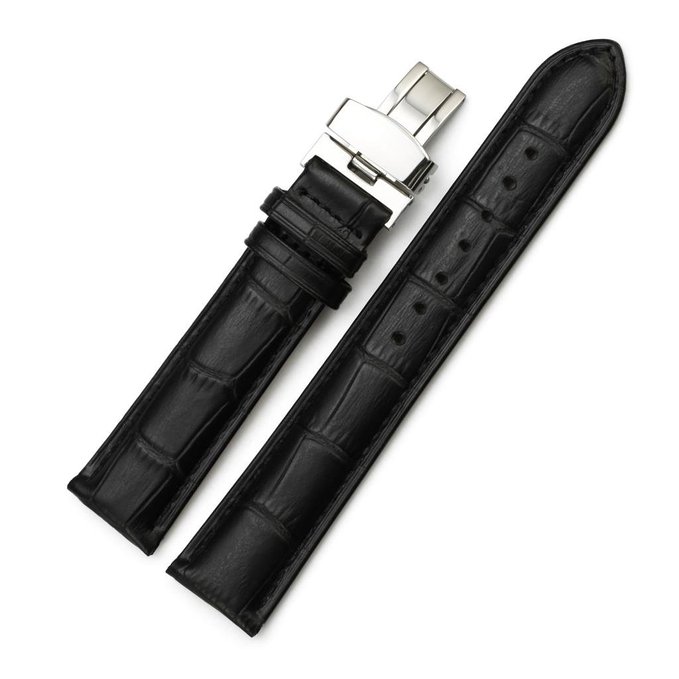 iStrap 20mm Cow Leather Watch Band Alligator Grain Padded Replacement Deployment Strap Black 20