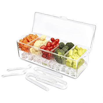 Ice Chilled 5-Compartment Condiment Server Caddy By VEBO | Five Removable Dishes w/Hinged Lid | Shatterproof, BPA-Free Plastic Box Tray | Great For Spices, Sauces, Dressings, Fruits, Picnic & BBQ