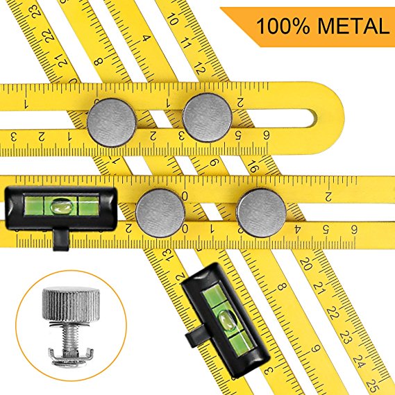 Qooltek Multi-Angle Measuring Ruler - Aluminum Alloy Template Tool - Great Layout Tool with A Storage Bag & 2 Level Bubbles(Yellow)