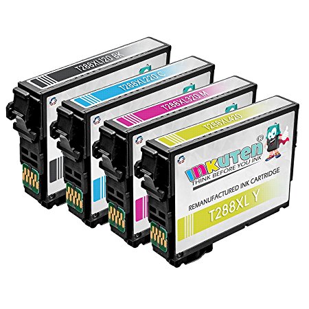 INKUTEN Remanufactured Ink Cartridge Replacement for Epson 288 288XL High Capacity (1 Black, 1 Cyan, 1 Magenta, 1 Yellow) 4 Pack for Expression XP-330 XP-340 XP-430 XP-440 XP-434 Printers
