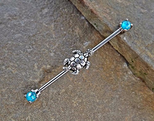 Turtle Industrial Teal Fire Opal Barbell Scaffold Piercing 14ga Body Jewelry Piercing Jewelry