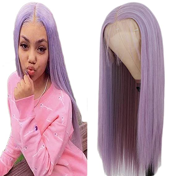 Maycaur 13x4 Lace Front Wigs Long Straight Hair Purple Color Wigs for Fahison Women Light Purple Synthetic Lace Front Wigs with Natural Baby Hair 22 Inch