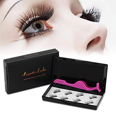 Magnetic False Eyelashes with Eyelash Tweezer 8 Pieces, Ultra Thin 3D Fiber Magnetic Lashes, Look Natural and Easy to Apply, Compatible with All Eyes