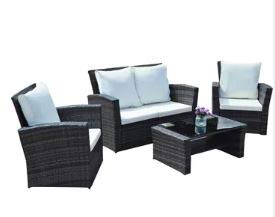 Rattan Outdoor Garden Patio/Conservatory 4 Seater Sofa INCLUDES PROTECTIVE COVER and Armchair set with Cushions and Coffee Table Grey Brown Black (Black with Light Cushions, Algarve 2 1 1)