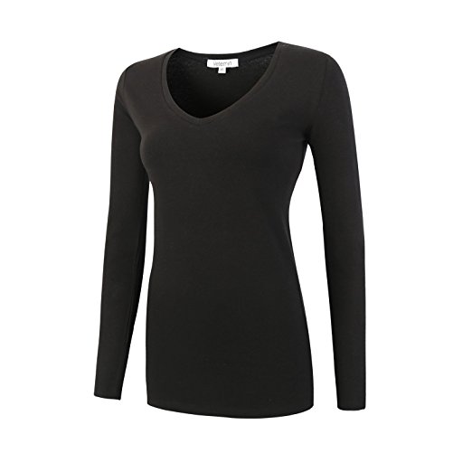 Vetemin Women Basic Fitted Soft Lightweight Long Sleeve Deep V Neck T shirt Tee