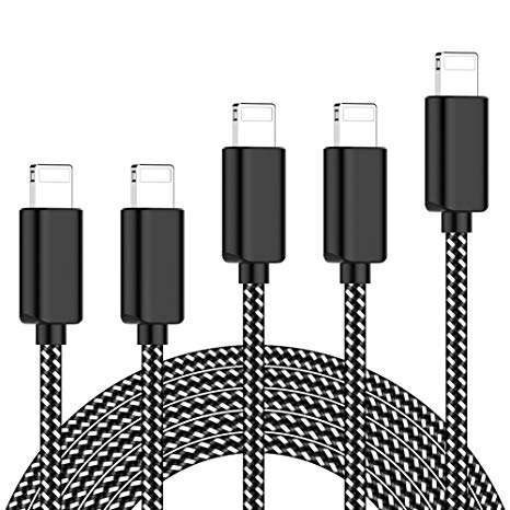 TNSO iPhone Charger,MFi Certified Lightning Cable 5 Pack [3/3/6/6/10FT] Extra Long Nylon Braided USB Charging & Syncing Cord Compatible iPhone Xs/Max/XR/X/8/8Plus/7/7Plus/6S/6S Plus/SE/iPad/Nan More