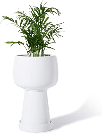 POTEY 055504 3-Piece Separated Ceramic Planter Pot - 5.3 Inch Indoor Planters Bonsai Container with Drainage Hole & Saucer for Plants Flower Aloe Succulent(Shiny White, Plant NOT Included)