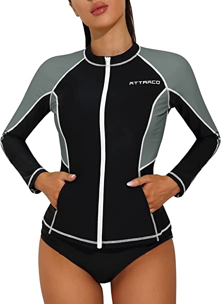 ATTRACO Rash Guard for Women Long Sleeve Swimsuits Zipper Front Printed Swim Shirt Uv Protection UPF 50