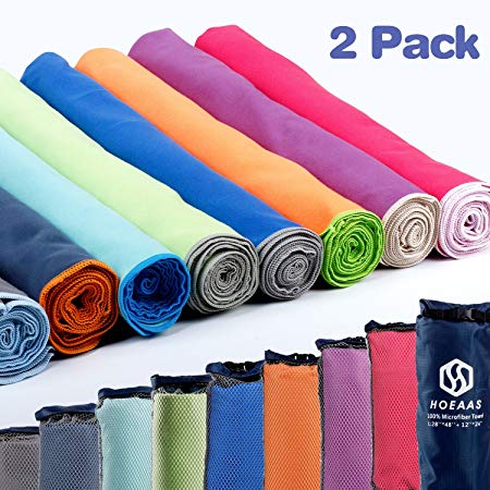 HOEAAS Microfiber Sport Travel Towel Set-(SIZE:S, M, L, XL, XXL)- Quick Dry, Super Absorbent, Ultra Compact Towels-Fit for Beach Yoga Golf Gym Camping Backpacking Hiking Hand Towel & Carry Pouch