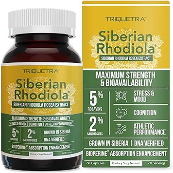 Siberian Rhodiola: Max Strength Rhodiola Rosea - 5% Rosavins, 2% Salidroside - BioPerine Absorption Enhancement, Grown in Siberia, DNA Verified - Reduce Stress, Enhance Energy & Cognition (60 Count)