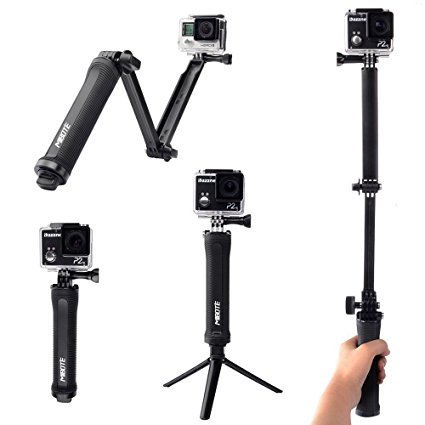 3 Way Mount Tripod Mibote Hand Grip Arm Monopod for GoPro Hero 5 Black/Session/4/3 /3/XiaoYi/Action Camera with 1/4" Threaded Adapter (Black)