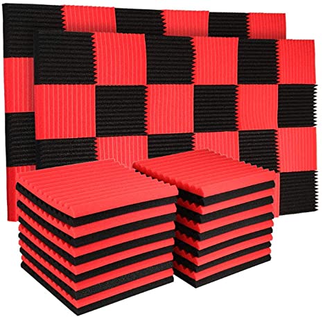 50 Pack Acoustic Panels Soundproof Studio Foam for Walls Sound Absorbing Panels Sound Insulation Panels Wedge for Home Studio Ceiling, 1" X 12" X 12", Black (50PCS, Black&Red)