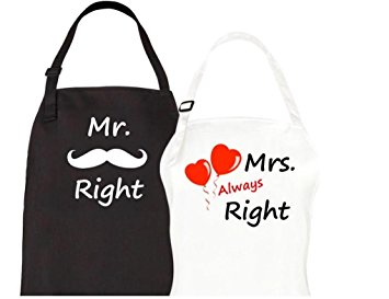 Couples Aprons - Mr. Right & Mrs. Always Right Aprons With Pocket For Wedding Engagement Anniversary Gift By Let The Fun Begin