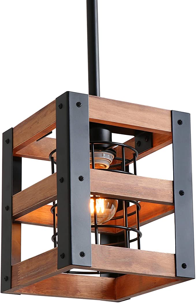Eumyviv Cube Wood Metal Chandelier Net Cage Pendant Lighting for Kitchen Island, Rustic Industrial Edison Hanging Light Vintage Ceiling Light Fixture 1-Light (P0015)