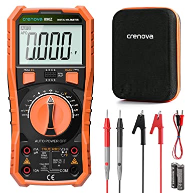 Crenova Digital Multimeter TRMS Multi Testers, Auto-Ranging Volt Meter, 6000 Counts Ohmmeter, Measures Capacitance Diodes Continuity Resistance Transistor hFE Temp with Probes, for Home, Automotive