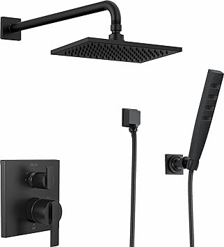 Delta Faucet Matte Black Shower System Including Black Rain Shower Head with Handheld Shower, Integrated Shower Diverter and Shower Valve Kit, Rainfall Shower System with Rainfall Shower Head