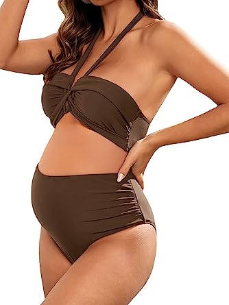 Milumia Women's Maternity 2 Piece Swimsuit Ruched Tie Back High Waist Bikini Sets Swimwear