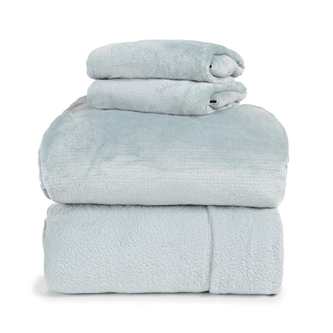 Spyder Insulated Warm Fleece Flannel Plush Sheet Set Pillow Case Flat & Fitted Sheet (ICY Blue, Full)