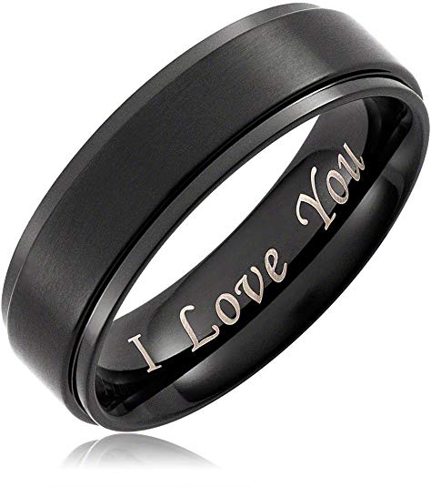 Cavalier Jewelers 6MM Men's Black Titanium Ring Wedding Band Engraved I Love You