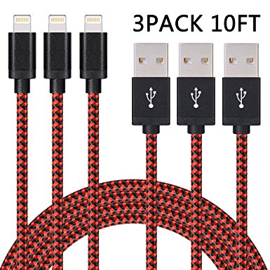 Sundix iPhone Cable, 3Pack 10FT Extra Long Nylon Braided Cord Lightning Cable Certified to USB Charging Charger Compatible with iPhone 7/7 Plus/6/6S/6S Plus,SE/5S/5,iPad,iPod Nano 7（Red）