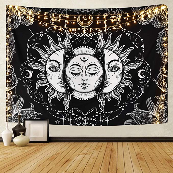 Sevenstars Sun and Moon Tapestry Burning Sun with Star Tapestry Psychedelic Tapestry Black and White Mystic Tapestry Wall Hanging