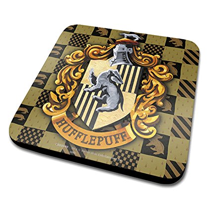 Harry Potter Hufflepuff Crest Official Drinks Coaster Protective Melamine Cover with Cork Base, Multi-Colour, 10 x 10 cm