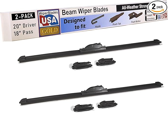 WiperBladesUSA Gold 20" & 18" (Set of 2) Beam Wiper Blades High Performance Automotive Replacement Windshield Wipers For My Car, Easy DIY Install & Multiple Arm Types