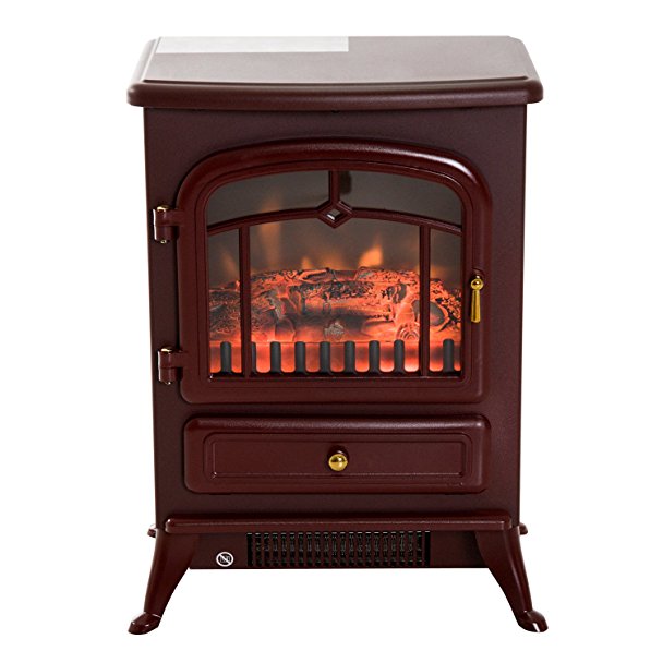 HomCom 16" 1500W Free Standing Electric Wood Stove Fireplace Heater (Red)