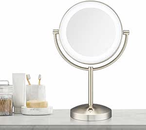 Conair Reflections Double-Sided LED Lighted Tabletop Mount Vanity Makeup Mirror, 1x/10x Magnification, Satin Nickel (Rechargeable)