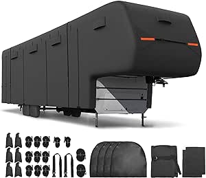 uxcell Waterproof Top 5th Wheel RV Cover Fits 33'-37' Camper Cover Windproof Anti-UV All Season Protection for Motorhome with 4 Tire Covers & 6 Gutter Spout Cover Black