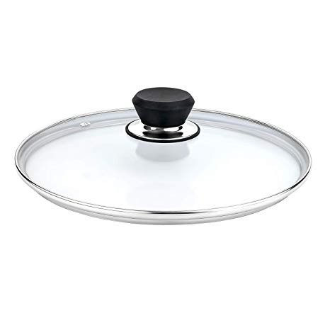 GOURMEX Tempered Glass Cookware Lid with Stainless Steel Rim and Black Handle To Fit Pots, Frying Pans and Skillets, Equipped with Vent Hole, Dishwasher and Oven Safe, Heat Resistant (12.6")