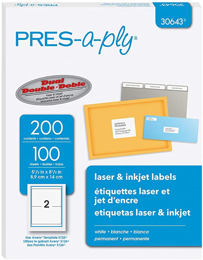 PRES-a-ply Half Sheet Self Adhesive Shipping Labels for Laser & Inkjet Printers, 200 Count (30643)