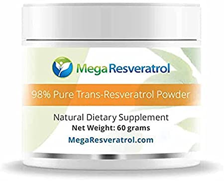 Mega Resveratrol Powder, 98% Pure Trans-Resveratrol, 60 Grams Powder, Purity Certified. Excipients Free.