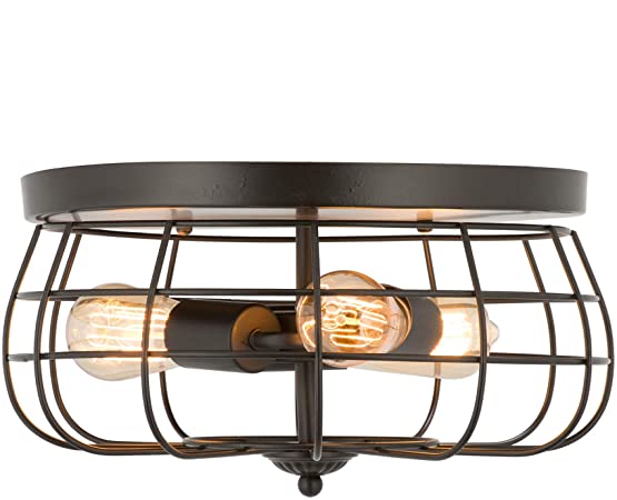 CO-Z 15 Inch Vintage Industrial 3-Lights Ceiling Lighting Semi Flush Mount, Farmhouse Ceiling Light Fixure, Metal Oil Rubbed Bronze Cage, Black Chandelier for Hallway Kitchen Bedroom Dining Room