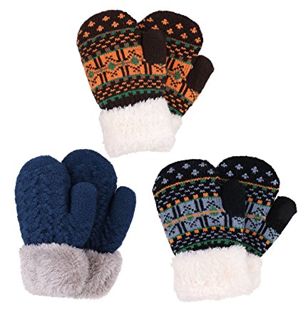 Arctic Paw 3 Pairs Kids' Sherpa Lined Knit Mittens Boys Girls Winter Gloves