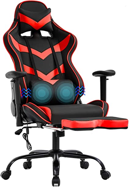 Gaming Chair Massage Office Chair Racing Computer Chair with Lumbar Support Footrest Armrest Headrest Ergonomic Desk Chair Task High Back PU Leather Rolling Swivel Chair for Adults(Red)