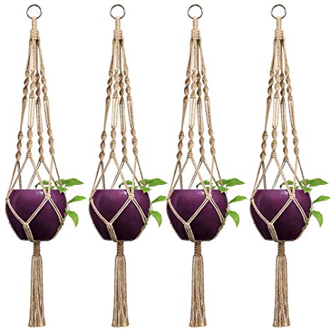 Mkono 4 Pcs Macrame Plant Hangers Indoor Outdoor Hanging Planter Basket Jute Rope 4 Legs 40 Inch