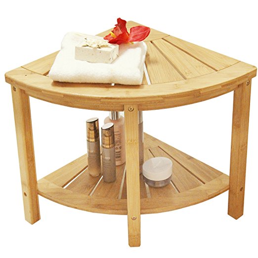 Corner Shower Bench with 2-Tier Storage Shelf,Deluxe Bamboo Shower Bench Bath Stool Applicable to Bathroom or Living Room Natural and Eco-friendly,By Artmeer