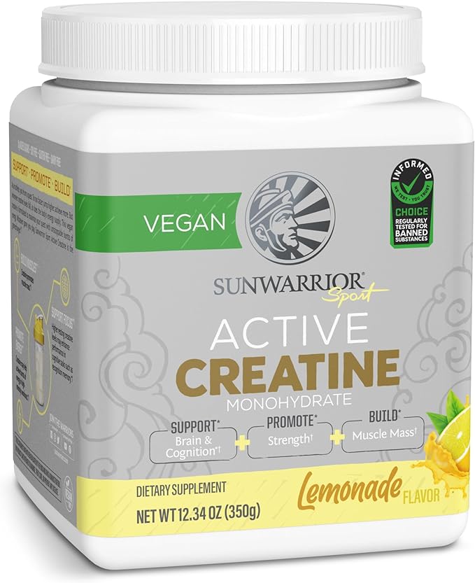 Sunwarrior Creatine Monohydrate Powder | Muscle Building Strength Training Pre Workout & Recovery | Vegan & Keto Friendly Micronized & Easily Mixes 350g Tub (50 Servings) Lemonade Active Creatine
