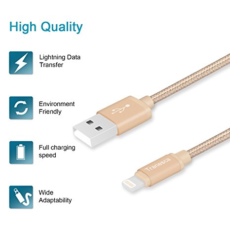 Tranesca Nylon Braided Apple Mfi Certified USB A to Lightning cable for iPhone X,iPhone8,iPhone 7/7 Plus/iPhone 6/6s/iPad Air/iPad Pro and more-Gold ( 6 Feet/1.8 Meter)