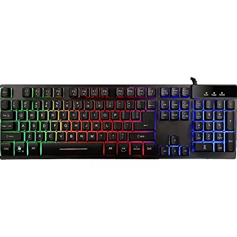 Gaming Keyboard, Topoint Colorful LED Backlit Waterproof Computer Gaming Keyboard with Standard 104 Keys/USB Port Cable